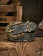 Vintage Western Leather Belt with Antique Bull Head Buckle black colour