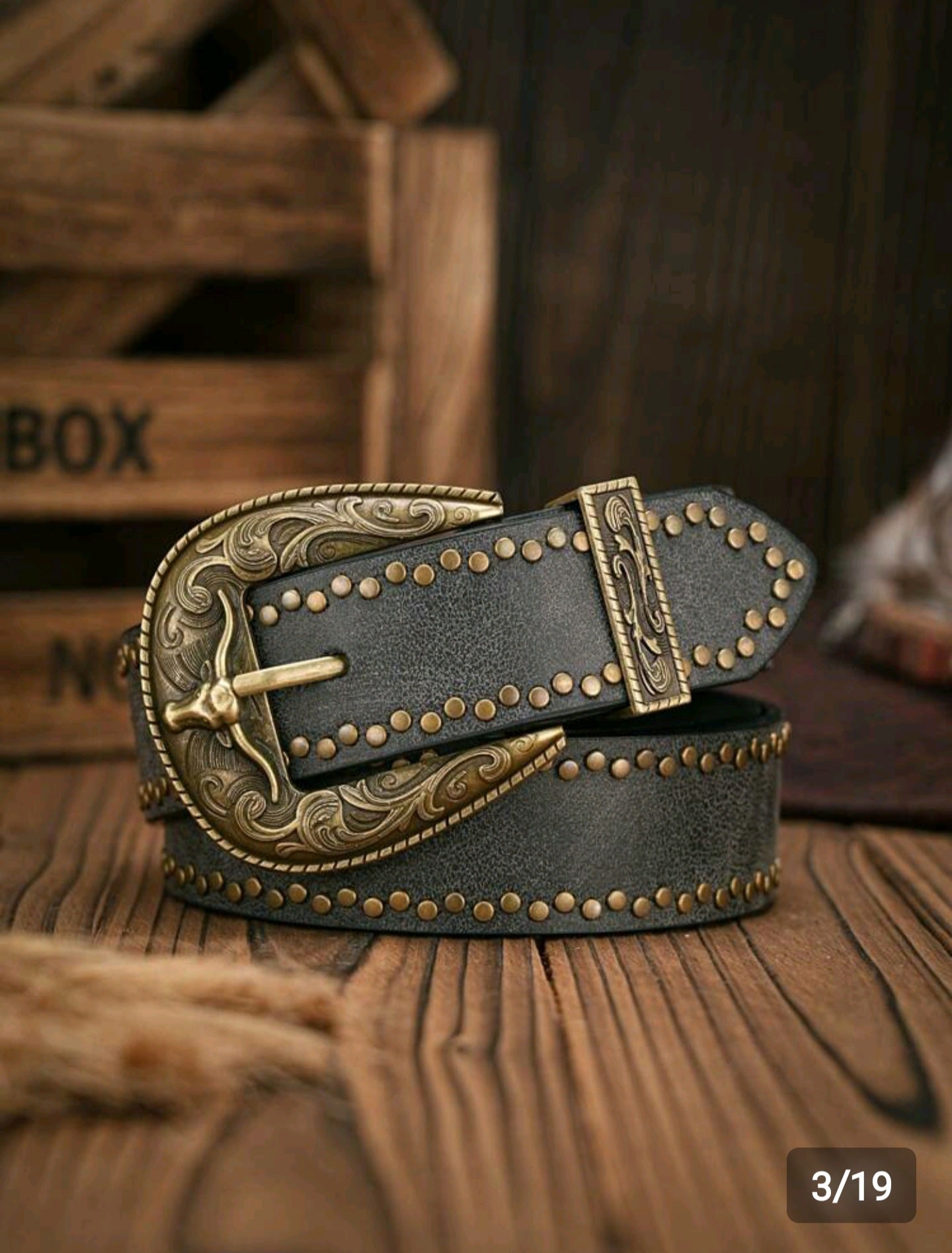 Vintage Western Leather Belt with Antique Bull Head Buckle black colour