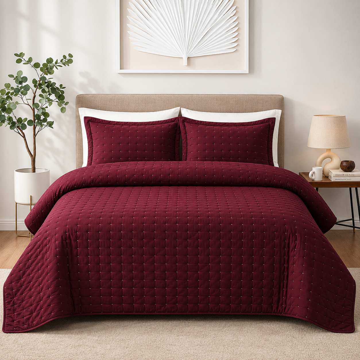 Maroon quilt King Size -Ultrasonic All Season Bedspread King, Soft Lightweight Bedding Set, 3 Pieces (1 Quilt, 2 Pillow)