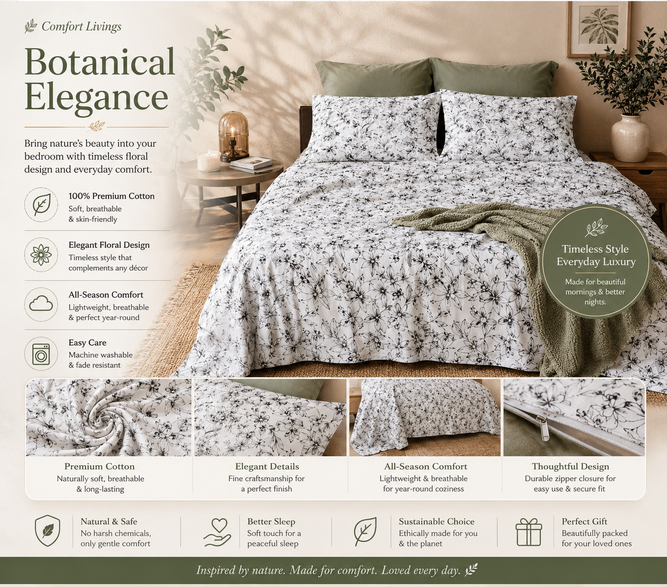 Elegant Floral Cotton Bedding Set 3pcs king size